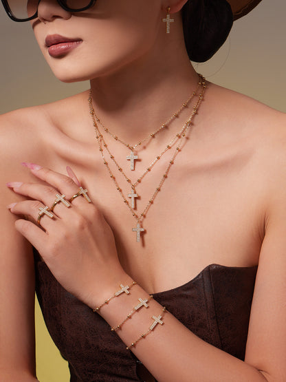Gold Stainless Steel Cross Zirconia Necklace, Bracelet, Earrings & Ring | Minimalist Cross Jewelry Set