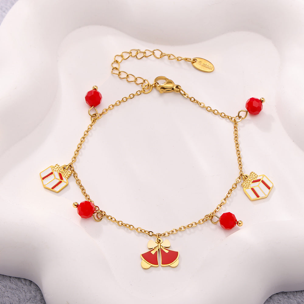 Gold Plated Stainless Steel Double-Layer Bell & Apple Gift Necklace & Bracelet – Garnet Drop