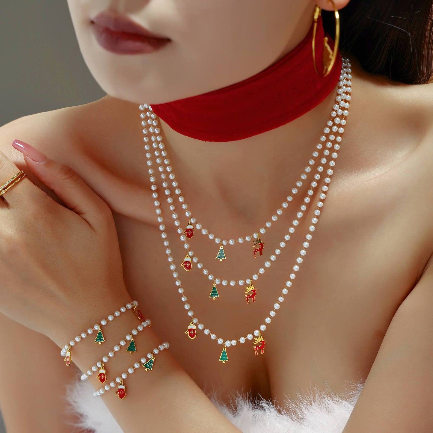 Christmas Tree Reindeer Glove Pendant Imitation Pearl Enamel Necklace & Bracelet Set – Stainless Steel Gold Plated Holiday Jewelry