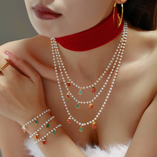 Christmas Tree Reindeer Glove Pendant Imitation Pearl Enamel Necklace & Bracelet Set – Stainless Steel Gold Plated Holiday Jewelry