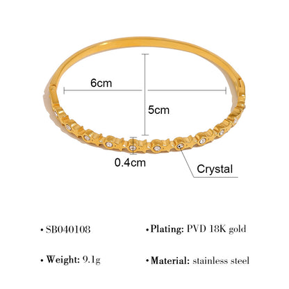 18K Gold Plated Stainless Steel Crystal Heart & Star Bangle Bracelet | Elegant Narrow Edge Cuff Jewelry for Women