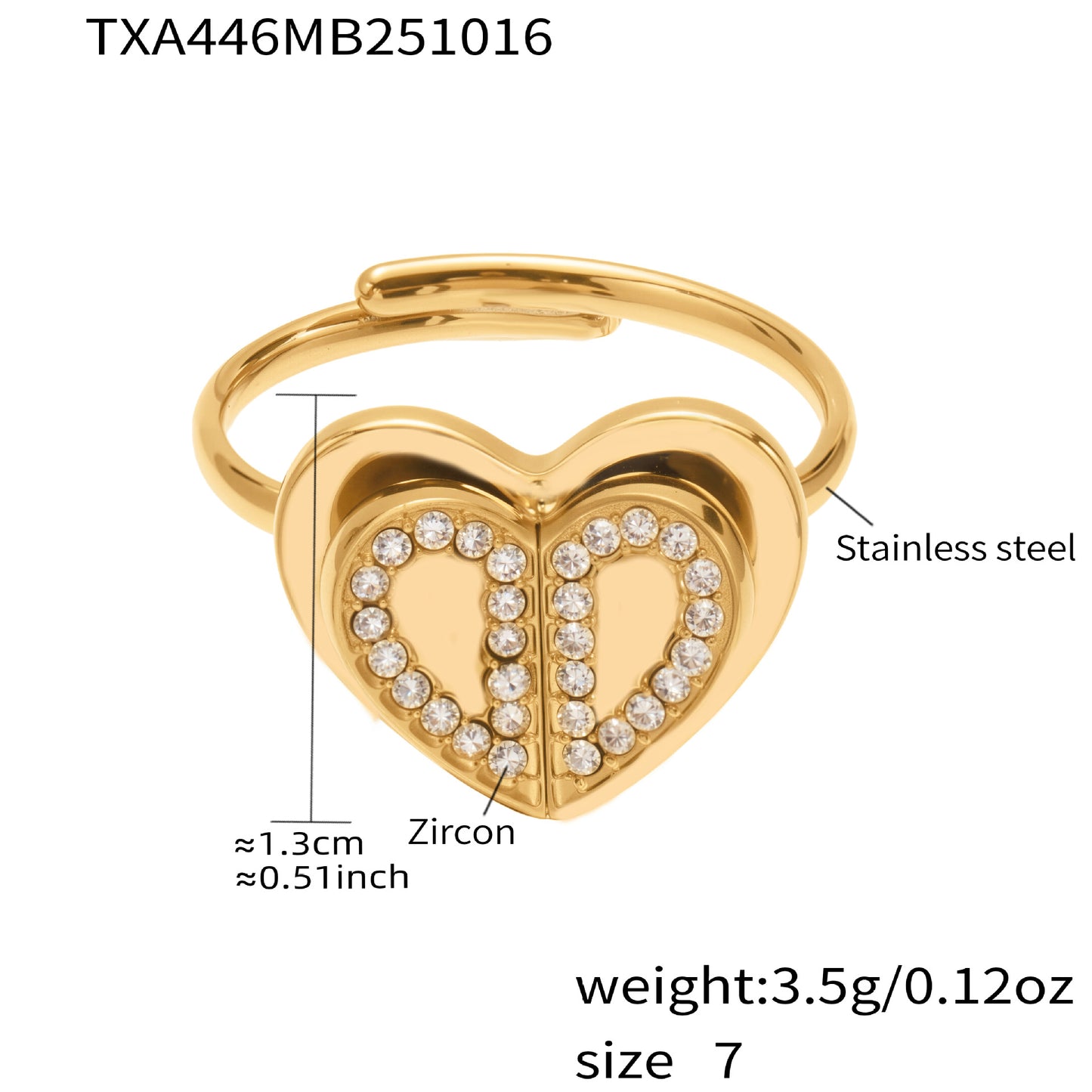 Double Heart Zircon Pendant Necklace, Earrings & Ring Jewelry Set - Gold & Steel Stainless Steel