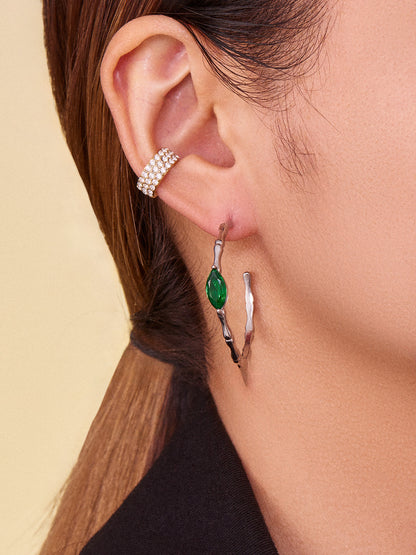 Geometric Bamboo C-Shaped Hoop Earrings with Glass Stone | Minimalist Stainless Steel Jewelry