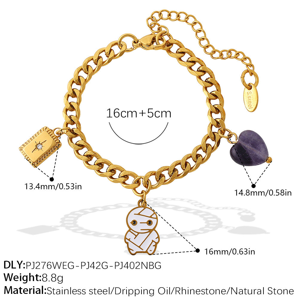 Gold-Plated Stainless Steel Halloween / Christmas Heart & Tree Tassel Pendant Bracelet | Elegant Festive Jewelry