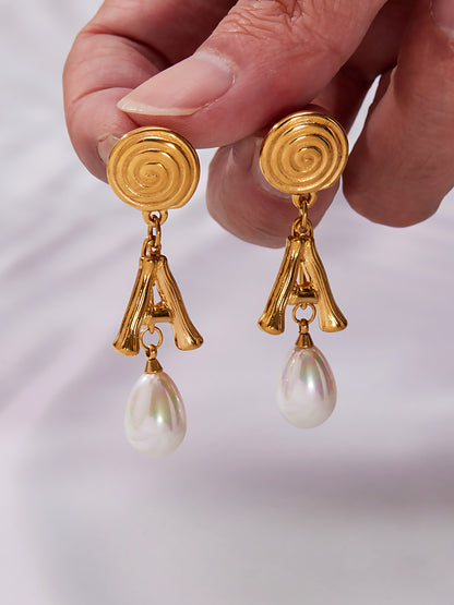 Stainless Steel Letter A Pearl Drop Earrings – Spiral Circle Design | Elegant Statement Earrings for Women