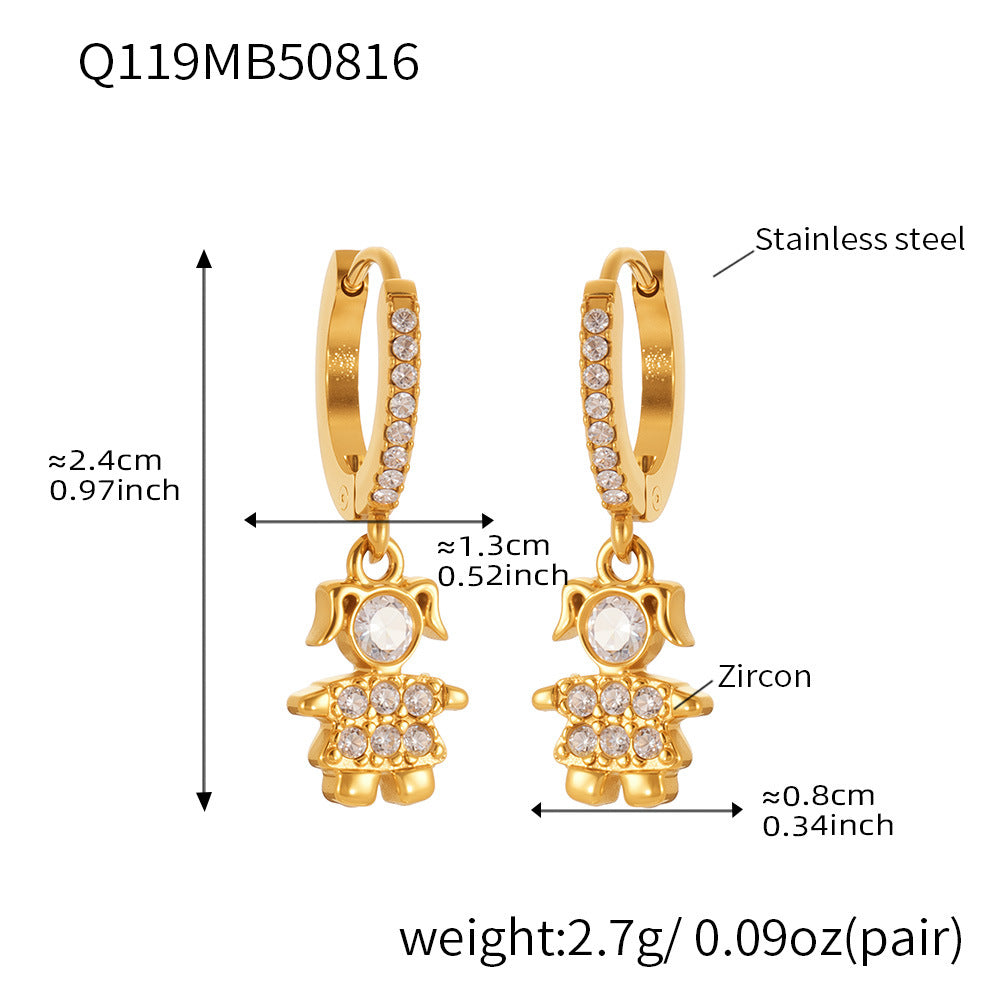 Trendy Stainless Steel Zircon Pendant Hoop Earrings Set – Creative Human & Animal Shapes, Gold Plated Fashion Jewelry