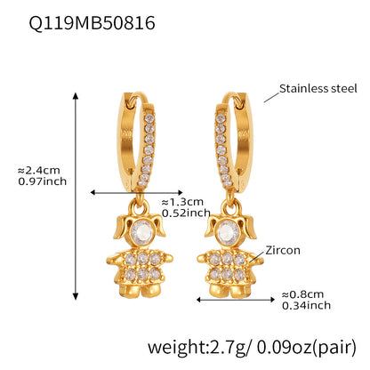 Trendy Stainless Steel Zircon Pendant Hoop Earrings Set – Creative Human & Animal Shapes, Gold Plated Fashion Jewelry
