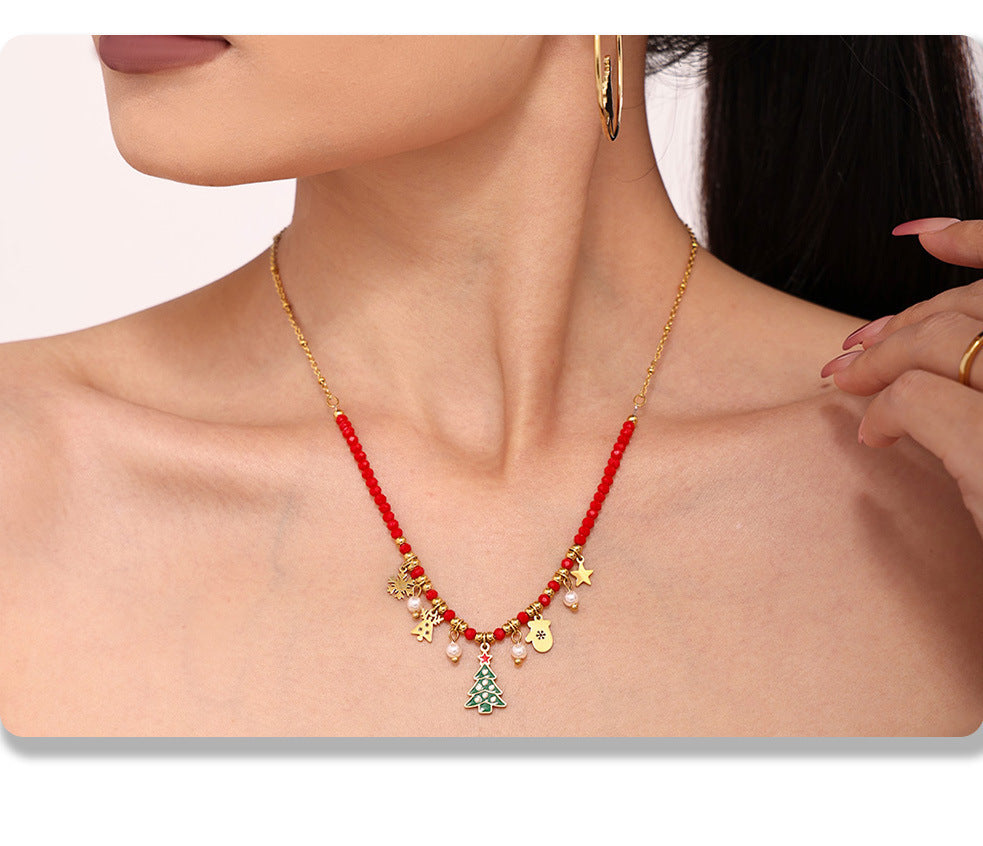 Gold Stainless Steel Christmas Tree Star Snowflake Pendant Necklace | Festive Zircon Holiday Jewelry Gift