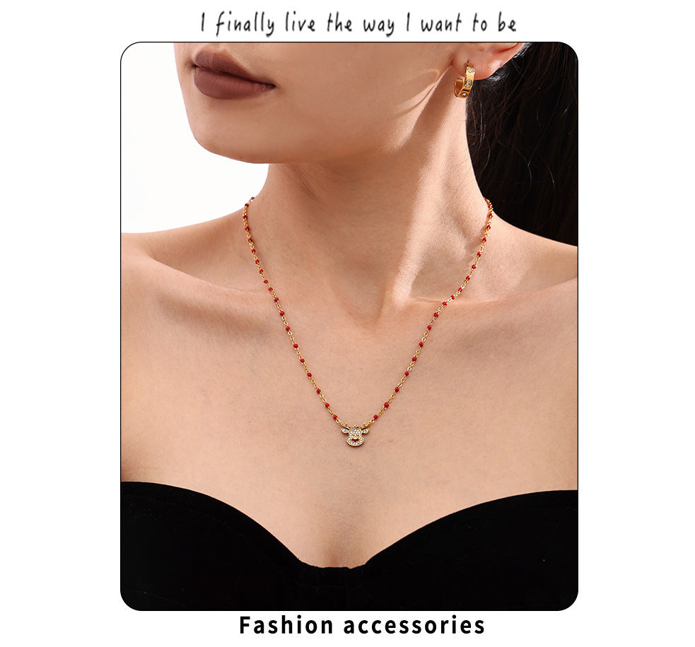 Gold Stainless Steel Christmas Bell & Reindeer Zircon Pendant Necklace | Festive Holiday Jewelry Gift