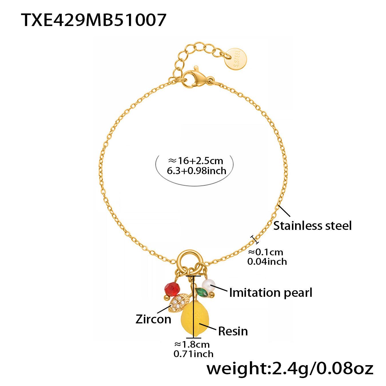 Stainless Steel Resin Lemon Zircon Pendant Necklace, Earrings, Bracelet & Ring Jewelry Set
