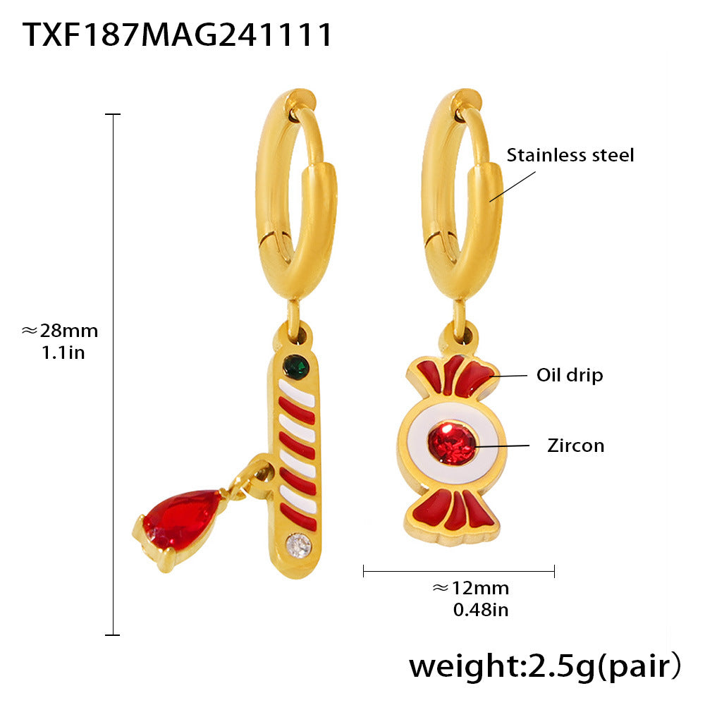 Gold Stainless Steel Christmas Candy Apple Multi-Layer Necklace, Bracelet & Asymmetric Earrings – Holiday Jewelry Gift Set