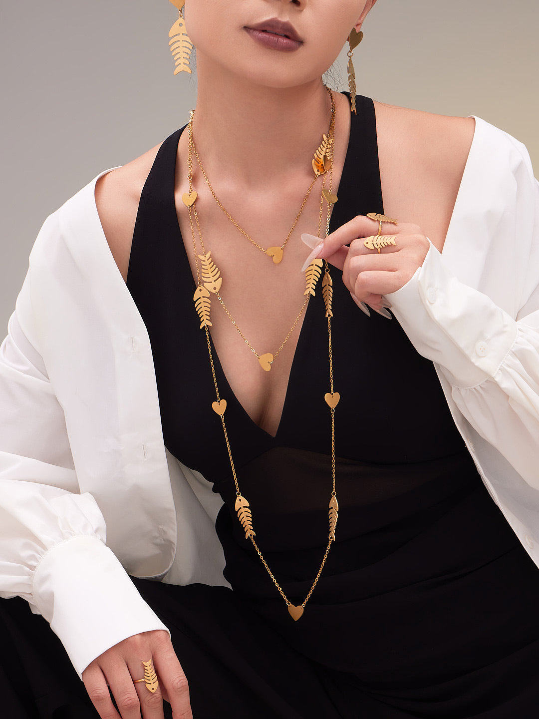 Hollow Fishbone Heart Necklace, Earrings & Ring Set – Long Sweater Chain Jewelry, Fashion Statement Set for Women