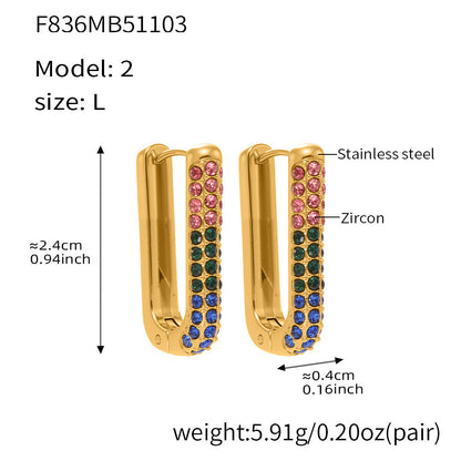 Stainless Steel Long U-Shaped Hoop Earrings with 5A Zircon – Elegant Colorful Statement Fashion Jewelry