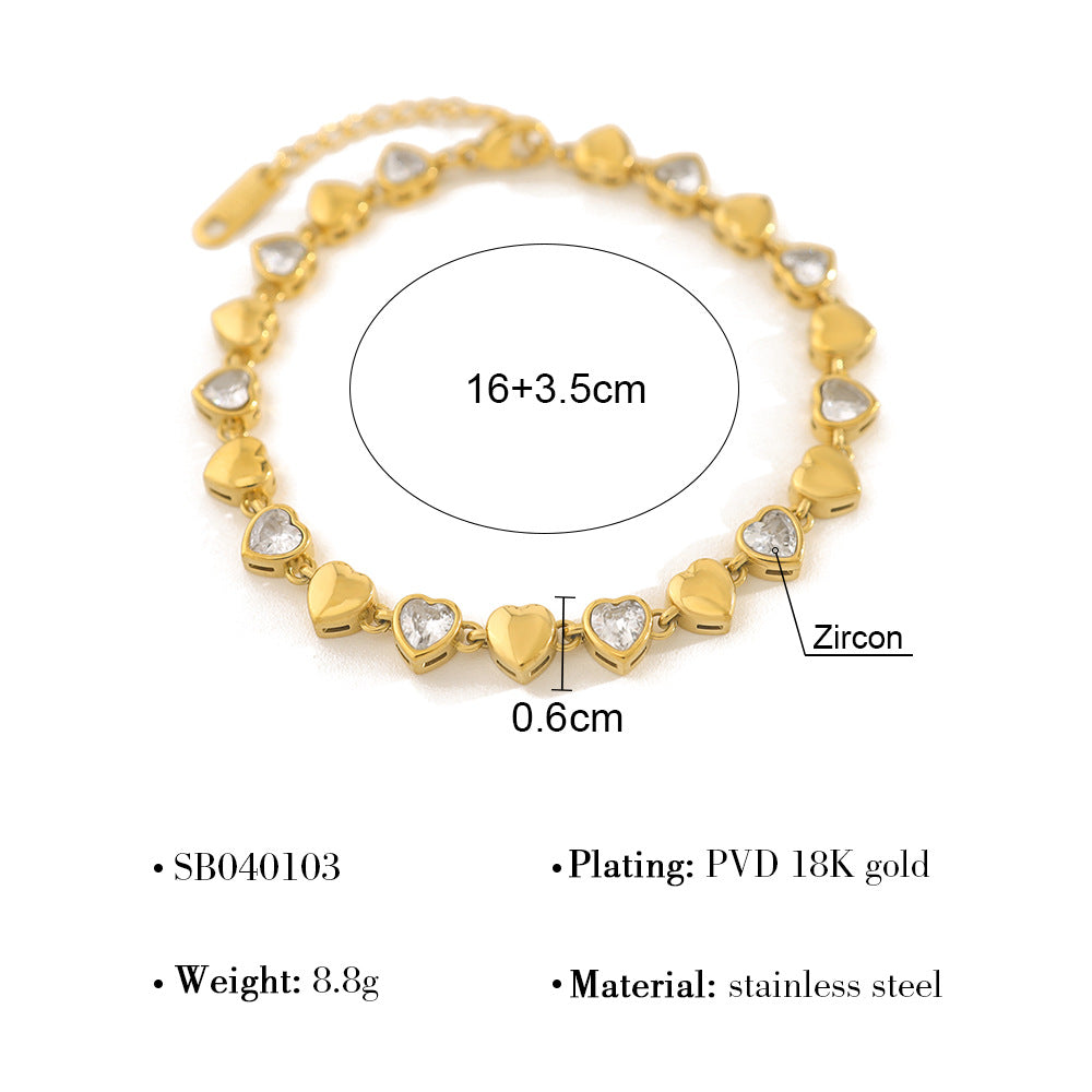 18K Gold Plated Stainless Steel Cubic Zirconia Bracelet – Heart, Circle & Flower Design | Luxury Jewelry