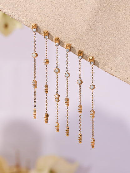 Stainless Steel Tassel Zircon Earrings – Elegant Geometric Dangle Chain Earrings | WANTI Jewelry