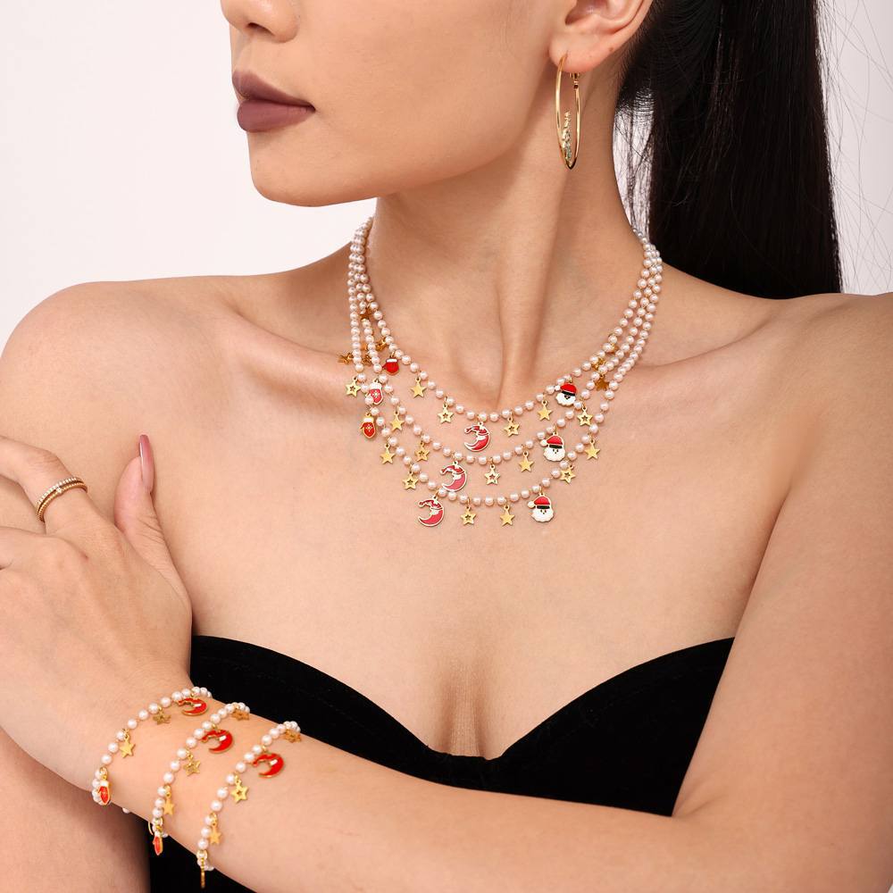 Christmas Santa Hat Star Gloves Pendant Necklace & Bracelet Set – Gold Plated Stainless Steel with Faux Pearl & Enamel