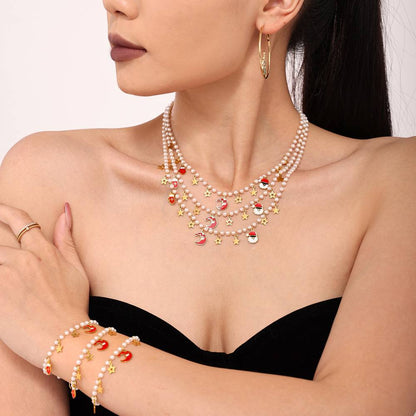 Christmas Santa Hat Star Gloves Pendant Necklace & Bracelet Set – Gold Plated Stainless Steel with Faux Pearl & Enamel