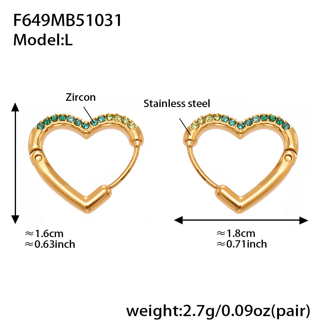 Colorful Cubic Zirconia Heart Hoop Earrings Set | Stainless Steel Simple Chic Ear Cuff for Women