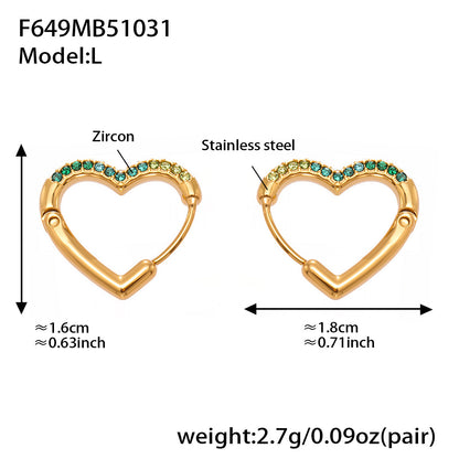 Colorful Cubic Zirconia Heart Hoop Earrings Set | Stainless Steel Simple Chic Ear Cuff for Women