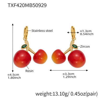 Cherry Zircon Jewelry Set | Gold & Silver Stainless Steel Necklace, Bracelet & Earrings | Trendy Red Resin Cherry Collection by WANTI Jewelry