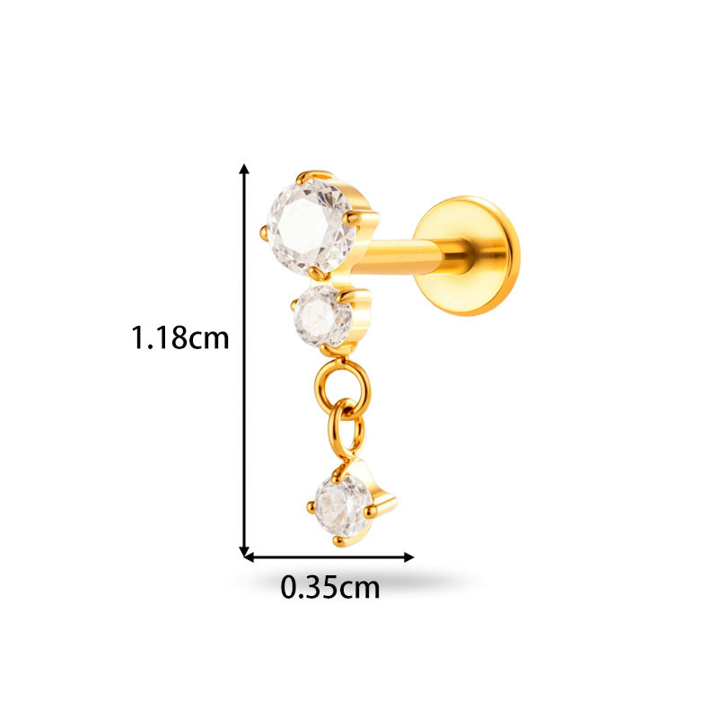 Implant Grade ASTM F136 Titanium Threadless Push Pin Zircon Chain Dangle Flat Back Stud | Geometric Cartilage Helix Tragus Lip Piercing Jewelry
