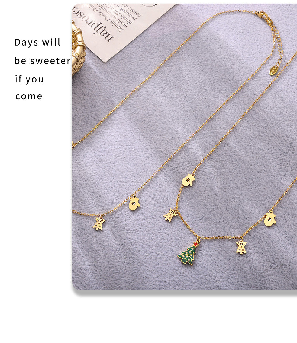Gold Stainless Steel Christmas Necklace | Green Christmas Tree Pendant with Oil Drop & Zircon