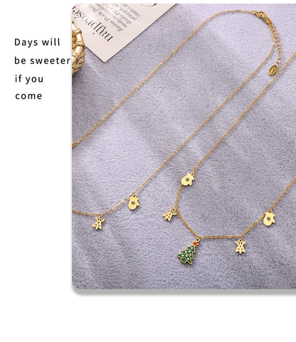 Gold Stainless Steel Christmas Necklace | Green Christmas Tree Pendant with Oil Drop & Zircon