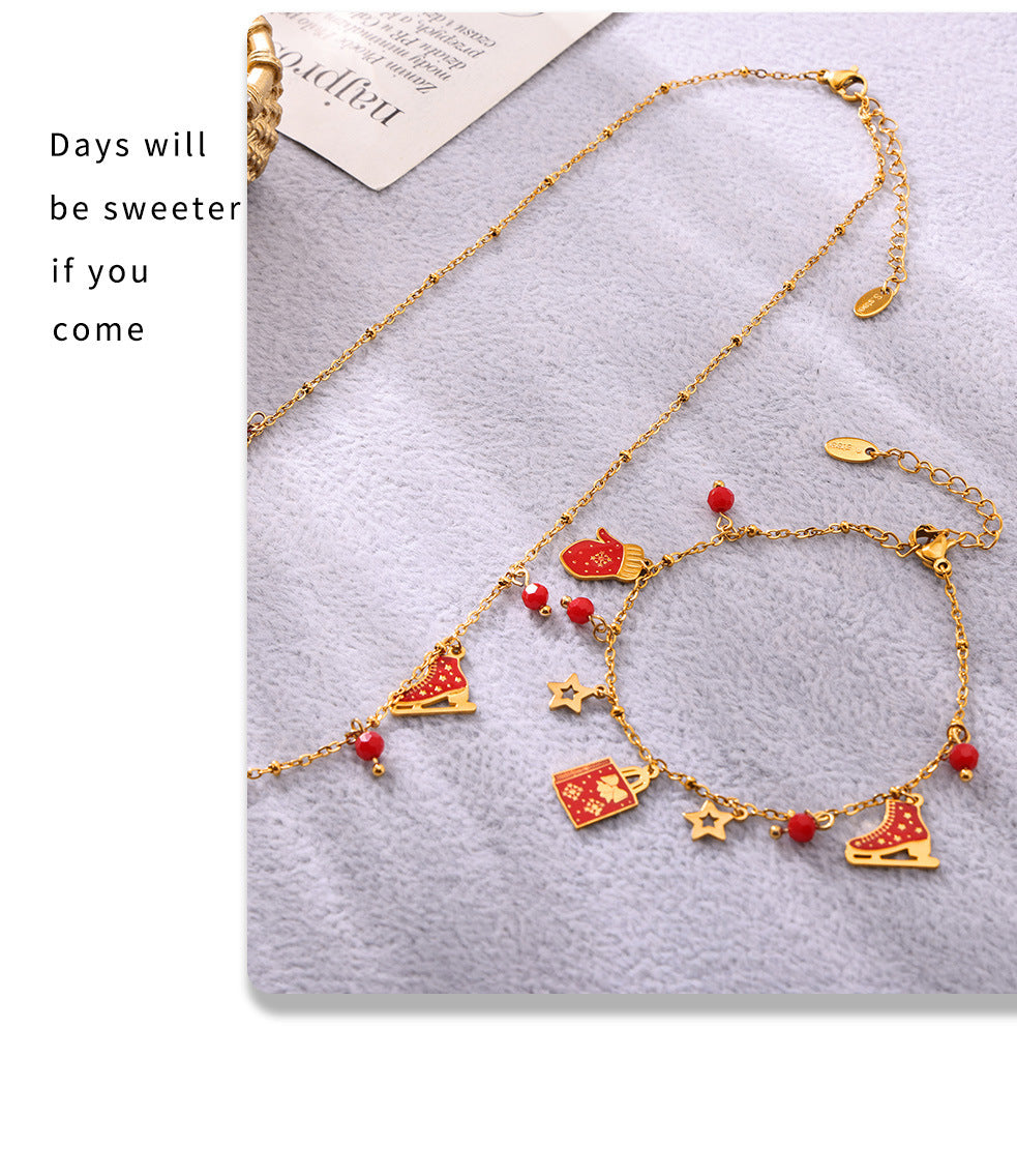 Gold Stainless Steel Garnet Christmas Necklace & Bracelet | Festive Gift Jewelry Set for Women
