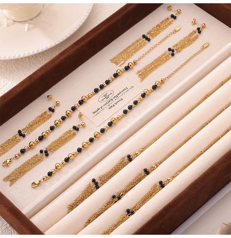 Vintage Black Onyx Tassel Jewelry Set – Stainless Steel Necklace & Earrings | Retro Elegant Fashion Jewelry | Hypoallergenic Gift Set