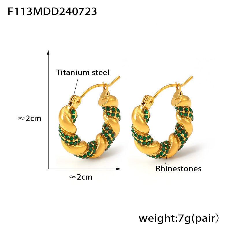 U-Shaped Stainless Steel Twisted Rhinestone Hoop Earrings | Modern Elegant Fashion Jewelry