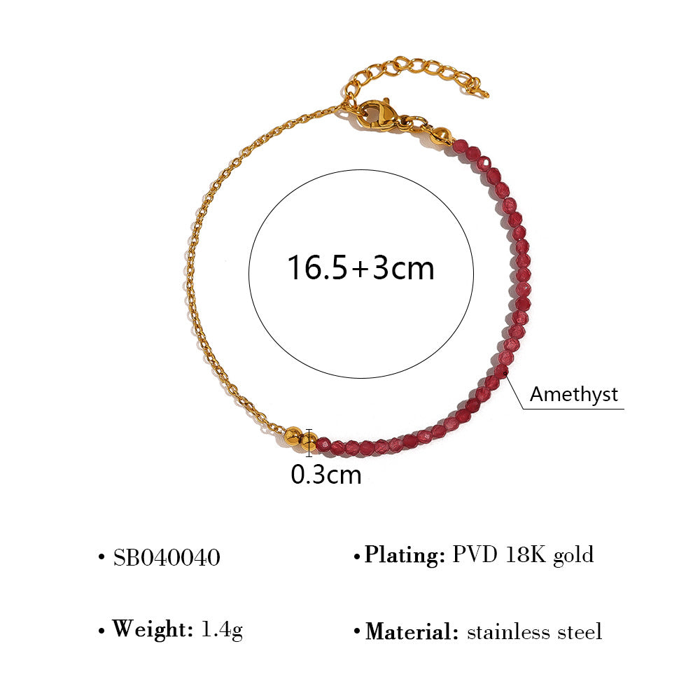 18K Gold Plated Stainless Steel Beaded Layered Bracelet Collection – Crystal, Amethyst & Gold Sandstone Chain Jewelry for Women