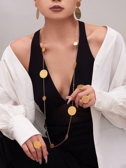 Stainless Steel Long Pendant Sweater Necklace, Drop Earrings & Ring Set – Gold Minimalist Round Disc Jewelry
