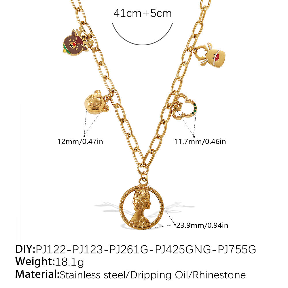 Halloween Christmas Gold Plated Stainless Steel Necklace - Heart Tree Tassel Pendant - Drip Oil Design - Minimalist Fashion Jewelry for Women