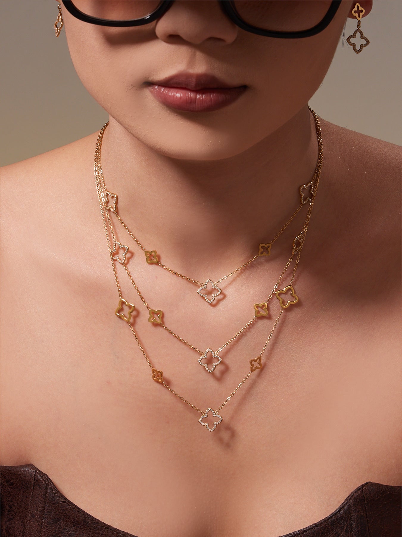 Stainless Steel Four-Leaf Clover Zirconia Jewelry Set – Necklace, Earrings & Ring | Minimalist Lucky Clover Jewelry | Fashion Stainless Steel Accessories