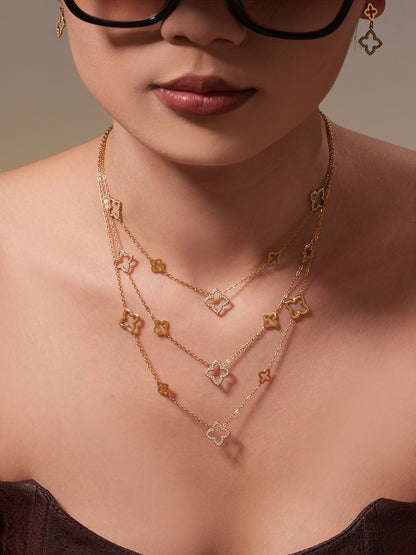 Stainless Steel Four-Leaf Clover Zirconia Jewelry Set – Necklace, Earrings & Ring | Minimalist Lucky Clover Jewelry | Fashion Stainless Steel Accessories