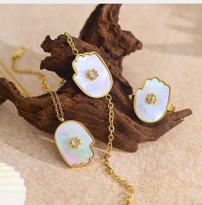 18K Gold Plated Stainless Steel Evil Eye Bracelet & Ring Set – Shell and Crystal Inlay | Fashion Protection Jewelry