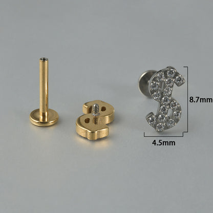 G23/F136 US DOLLAR Shape Zircon Sign Threadless Flatback Rook Ear Piercing