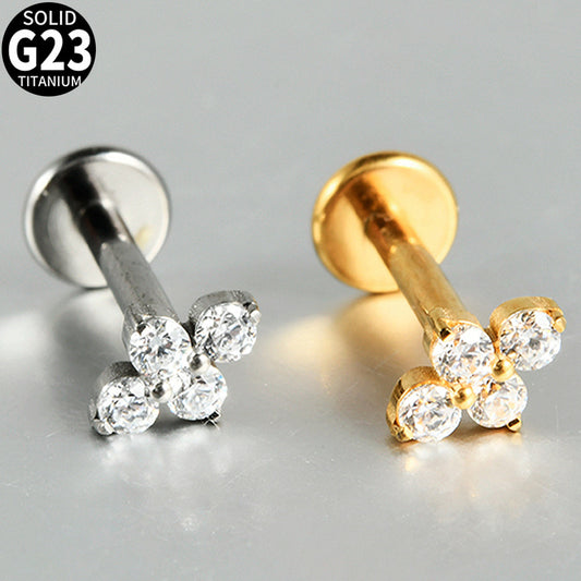 Four Leaf Crystal Little Threadless Labret Ear Piercing