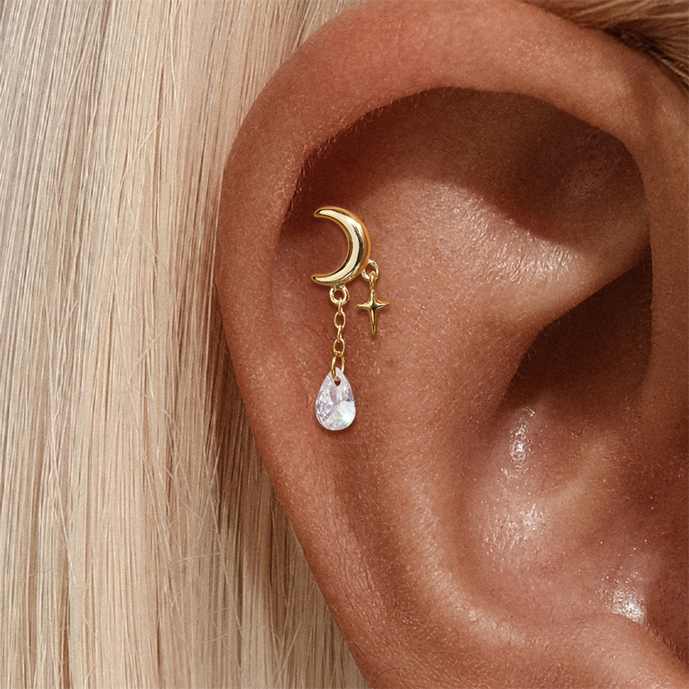 ASTM F136 Star/Moon Chain Tassel Threaded Cartilage Piercing Earrings Ear Studs