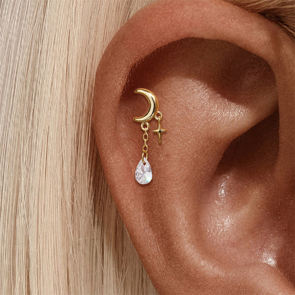 ASTM F136 Star/Moon Chain Tassel Threaded Cartilage Piercing Earrings Ear Studs
