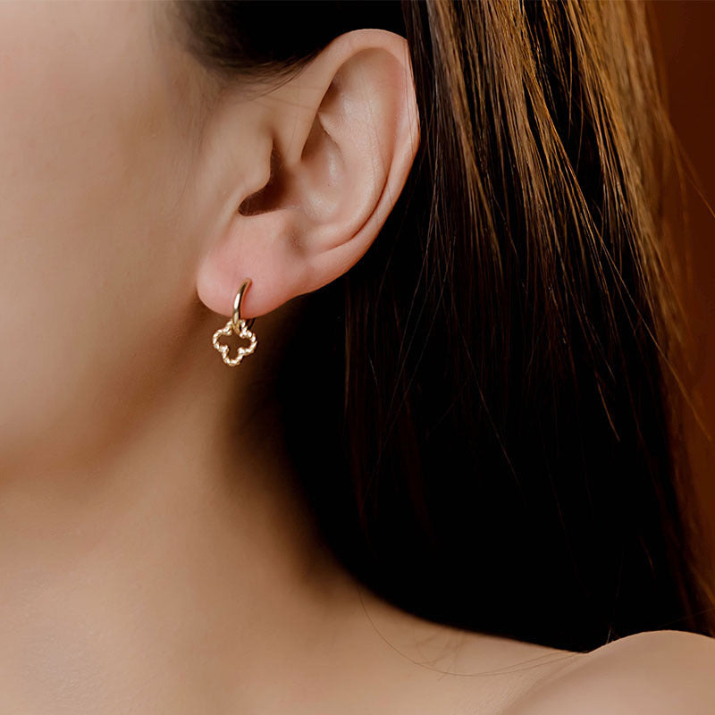 14K Solid Gold Four-Leaf Clover Huggie Drop Earrings – Lucky Charm Design
