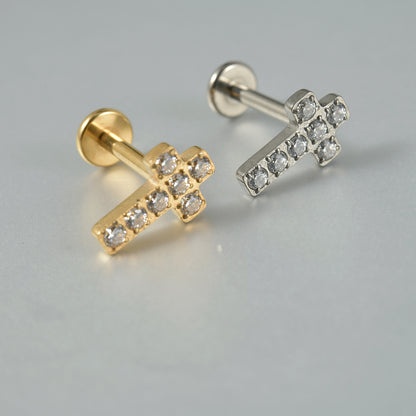 Cross zircon threadless flatback ear stud labrets