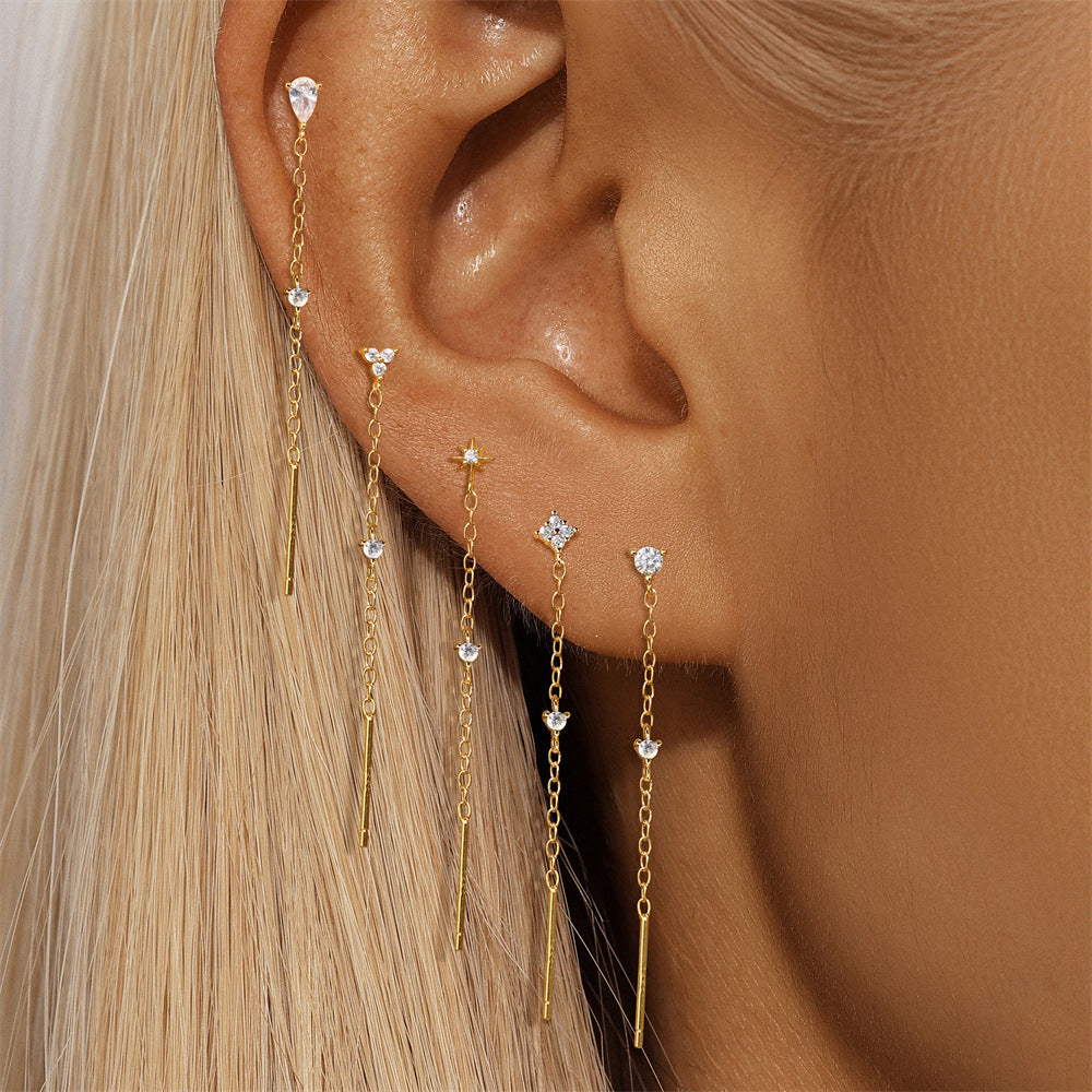ASTM F136 Star/Moon Chain Tassel Threaded Cartilage Piercing Earrings Ear Studs