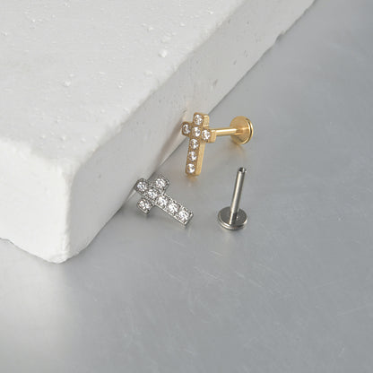 Cross zircon threadless flatback ear stud labrets