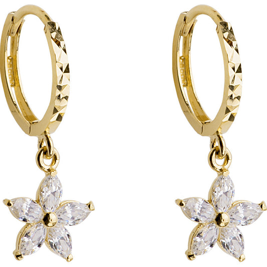 14K Solid Gold Flower Pendant Huggie Hoop Earrings with Zircon – Elegant Drop Jewelry