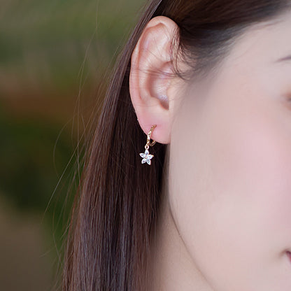 14K Solid Gold Flower Pendant Huggie Hoop Earrings with Zircon – Elegant Drop Jewelry