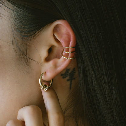 14K Solid Gold Simple 3 layers Ear Clip Earrings Hoops for pairs