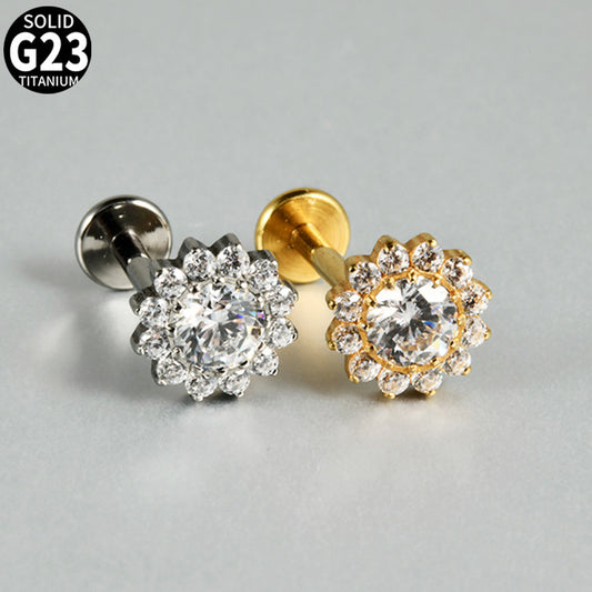 CZ Flower Leaf Stones paved Threadless Labret Ear stud