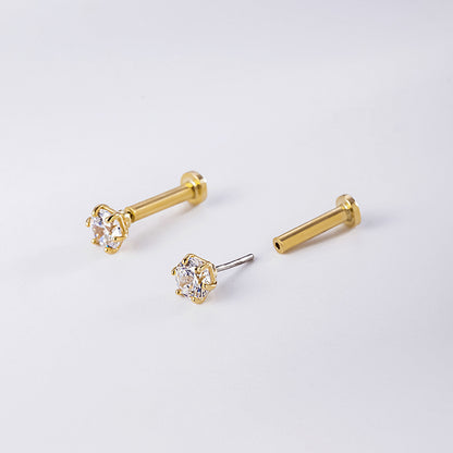 14K Gold 5A Zircon Labret Stud – Push-in Piercing for Lip, Tragus & Helix