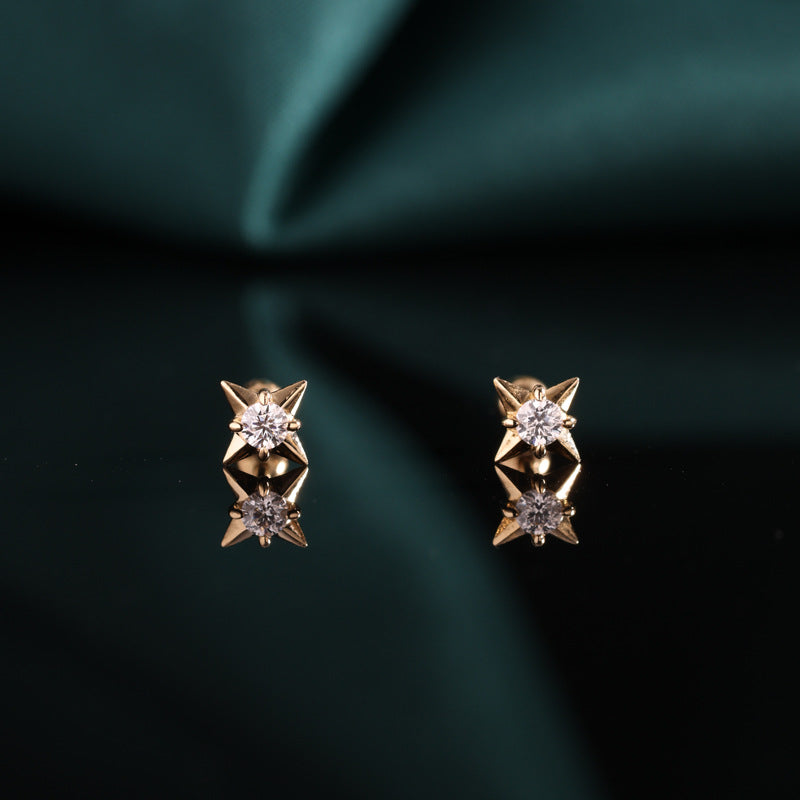 14K Solid Gold Moissanite Stone Four Star Threaded Ball Ear stud Piercings